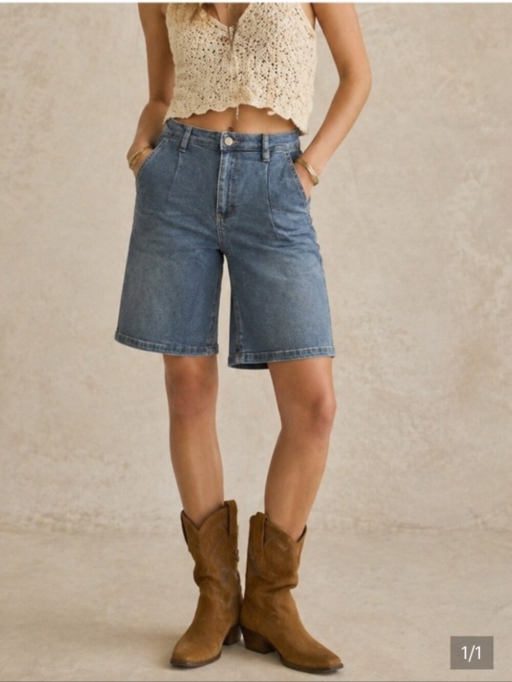 High-Rise Blue Denim Bermuda Shorts- Boutique Brand